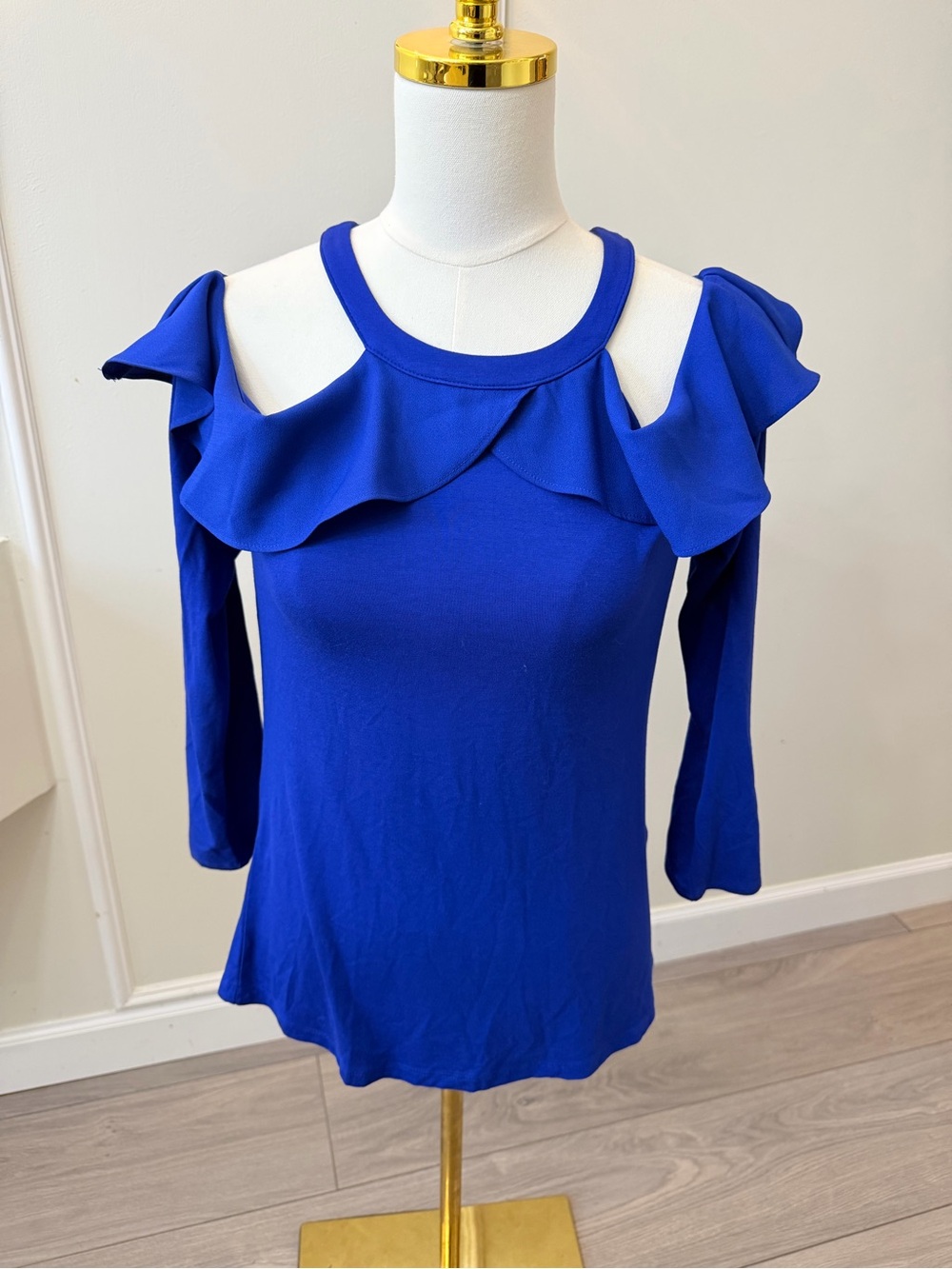 INC International Concepts Cobalt Blue Cold-Shoulder Ruffle Knit Top